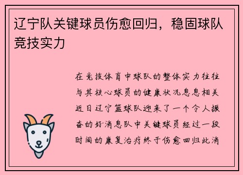 辽宁队关键球员伤愈回归，稳固球队竞技实力