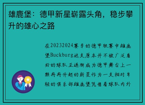 雄鹿堡：德甲新星崭露头角，稳步攀升的雄心之路